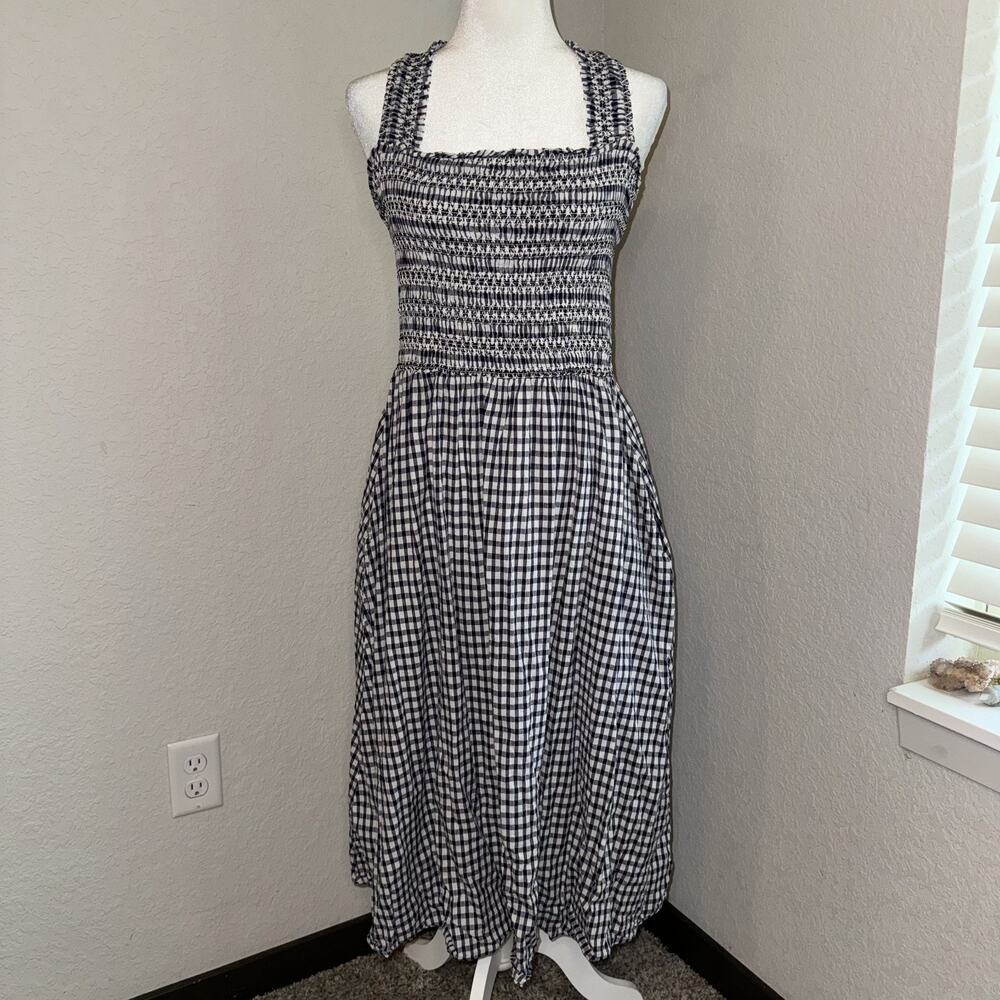 MNG Mango Cotton Dress Women’s 10 Black White Vichy Check Cross Back Gathered